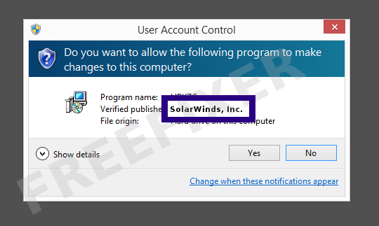 Screenshot where SolarWinds, Inc. appears as the verified publisher in the UAC dialog